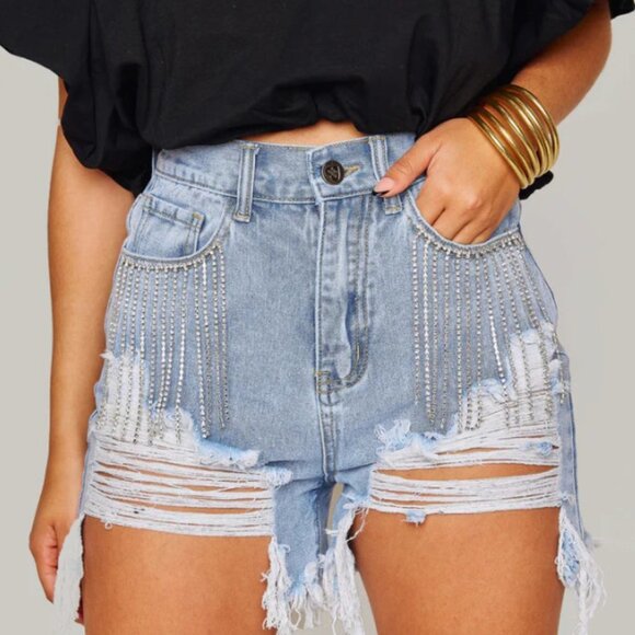 Elvis Crystal Fringe Denim Shorts by Buddy Love